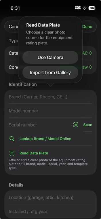 InspectPro equipment screen with Read Data Plate camera and gallery choices