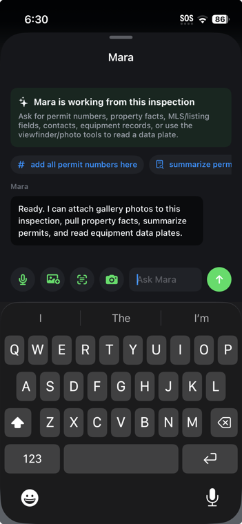 InspectPro Mara assistant screen for permit numbers, property facts, contacts, and equipment records