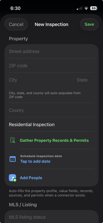 InspectPro new inspection screen with Gather Property Records and Permits action