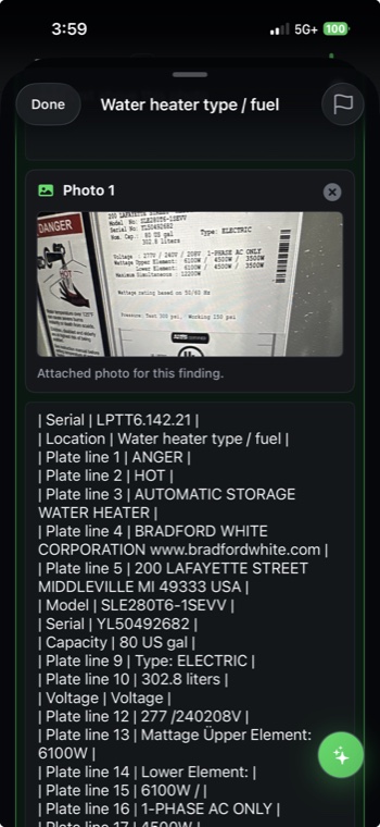 Water heater data plate photo with extracted model, serial, capacity, and voltage fields