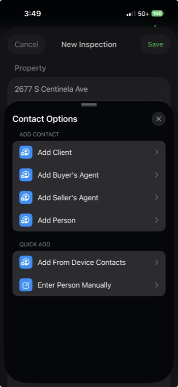Contact options for adding a client, buyer's agent, seller's agent, or person