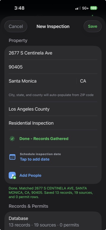 New Inspection screen showing records gathered: 13 records, 19 sources, 0 permit rows