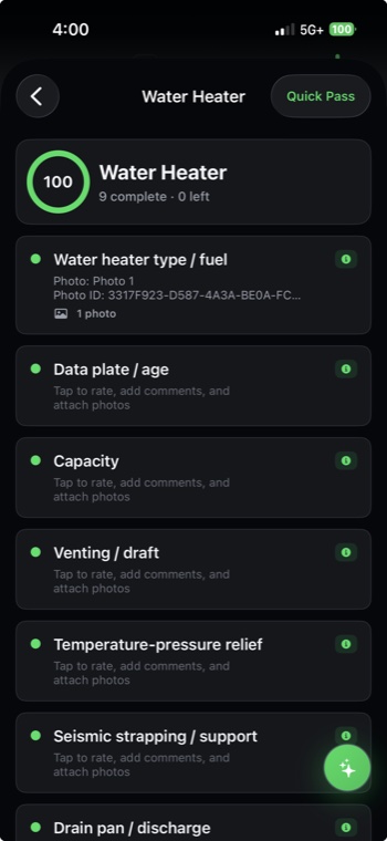 Water heater section scored 100 with nine items complete and none remaining