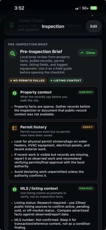Inspection screen with quote, pre-inspection brief, e-sign agreement, invoice, equipment, and notes